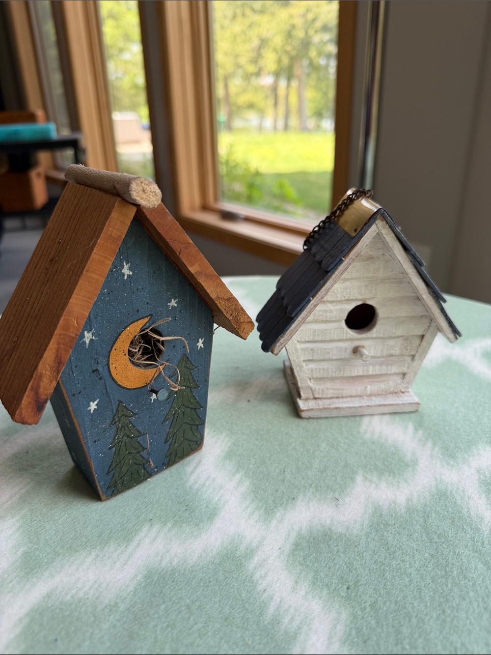 2 Handcrafted Wooden small Decorative Birdhouse Set - Blue & White